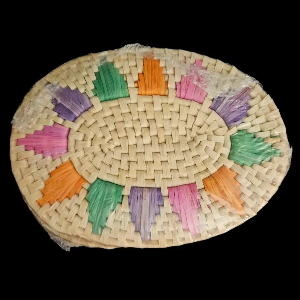Vintage NOS Handwoven Raffia Straw Trivets Coasters Colorful Kitchen Decor